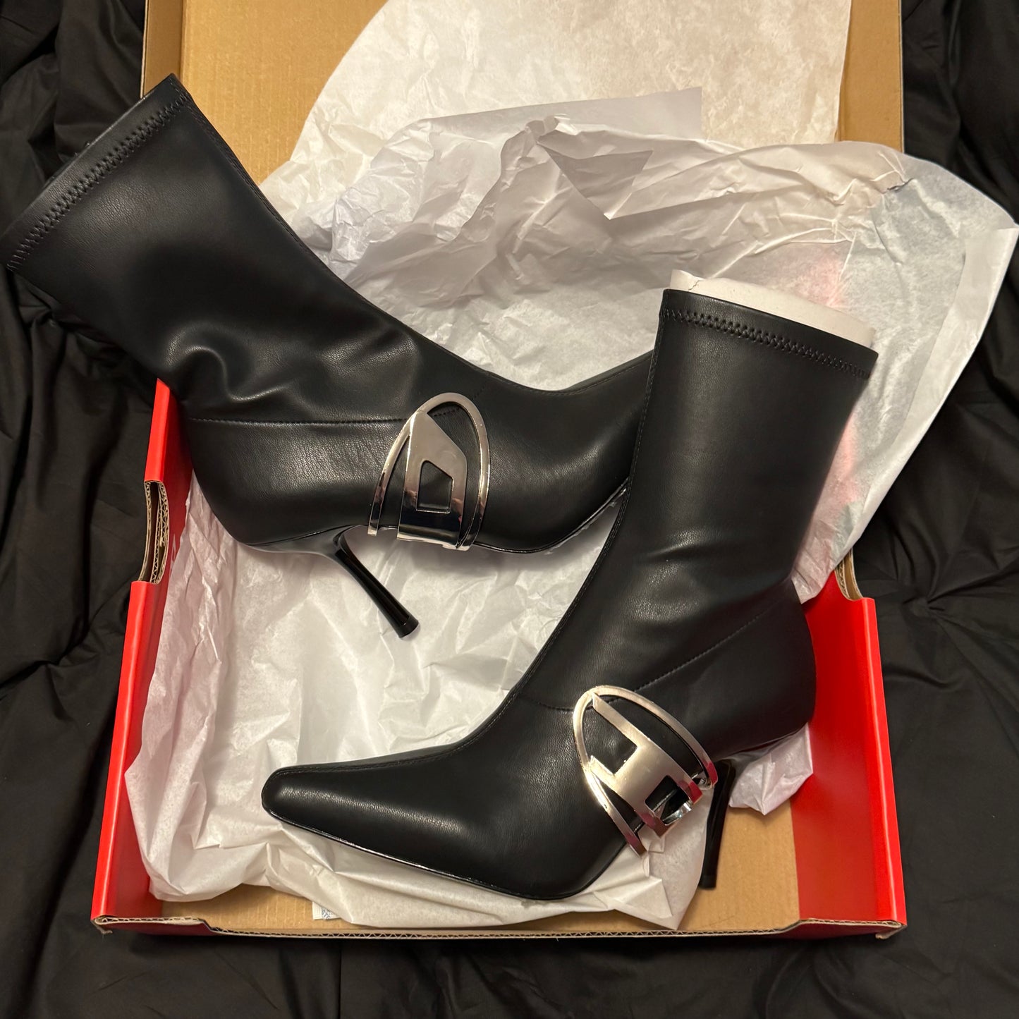 Diesel Black Heeled Boots Silver Logo