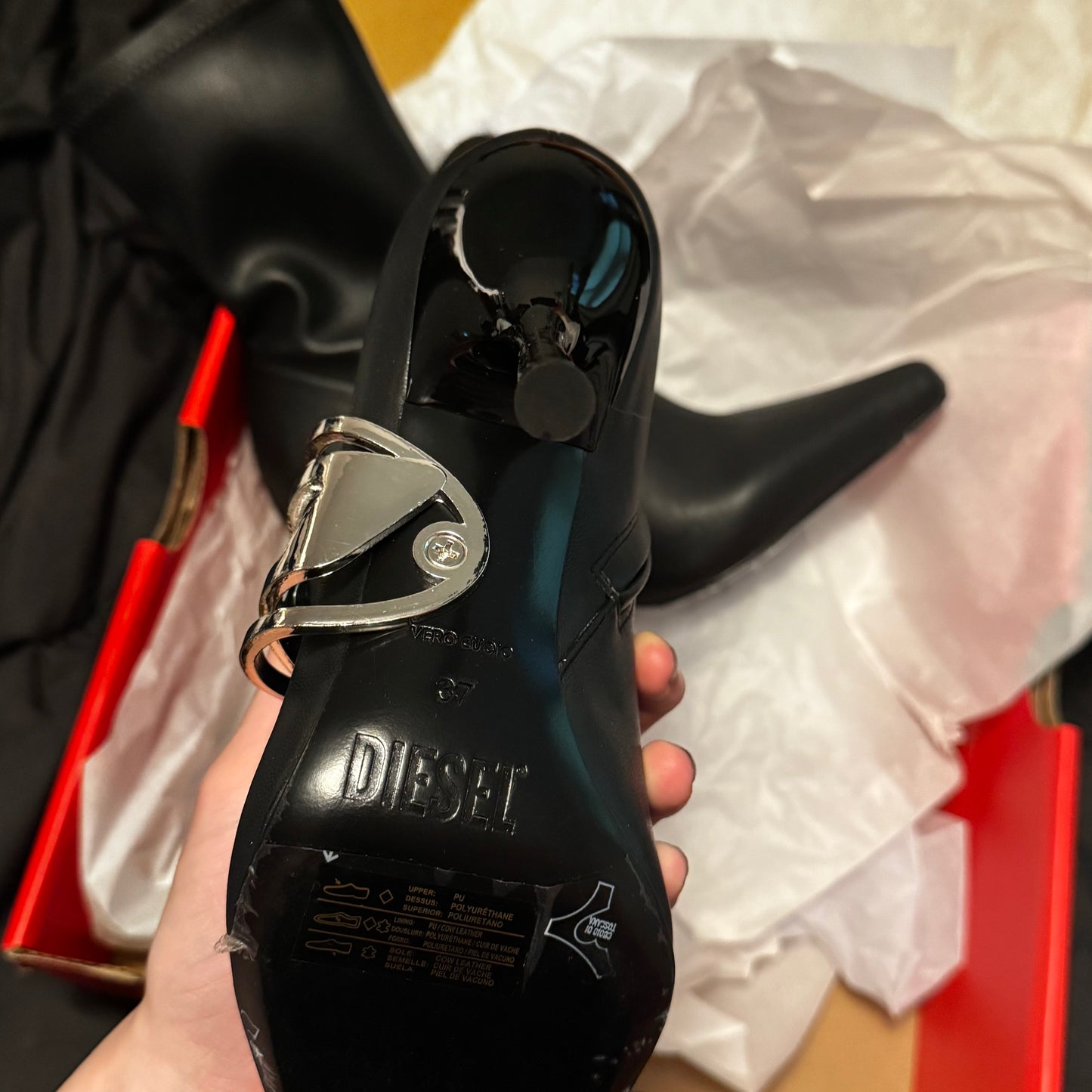 Diesel Black Heeled Boots Silver Logo